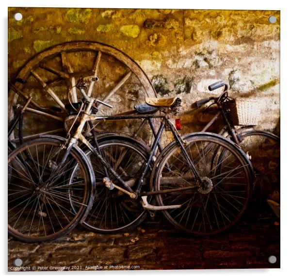 Old Pedal Cycles Propped Up Against A Barn Wall Acrylic by Peter Greenway