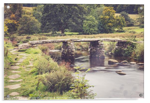 The Ancient 'Clapper Bridge' At Packbridge, Dartmoor, Devon Acrylic by Peter Greenway