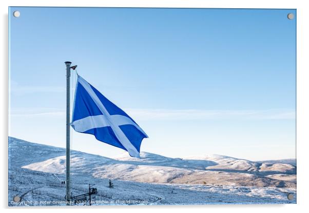 The Scottish Flag Flying In The Cairngorm Ski-Resort In The Scot Acrylic by Peter Greenway