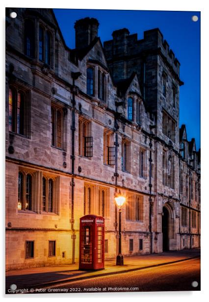 Illuminated Iconic Red British Telephone Box In Oxford City Centre Acrylic by Peter Greenway