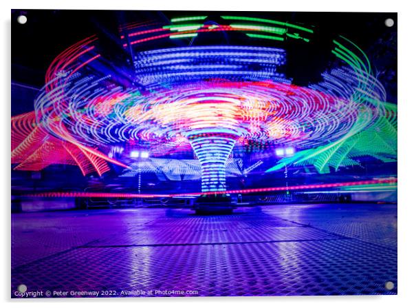 Light Trails From The Twisters Fairground Ride At The Woodstock  Acrylic by Peter Greenway