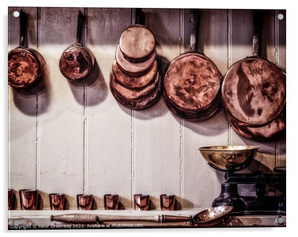 Vintage English Copper Cooking Pots & Pans Hung Up In A Kitchen Acrylic by Peter Greenway