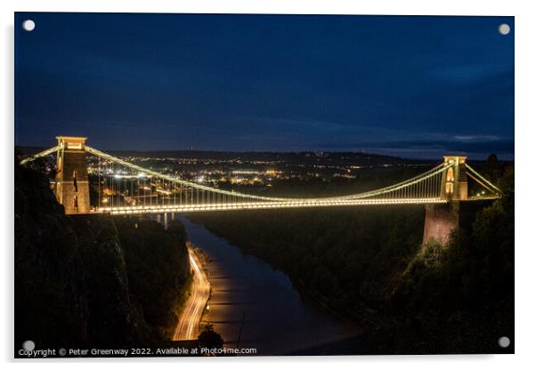 Traffic Light Trails Under The Clifton Suspension Bridge, Avon A Acrylic by Peter Greenway