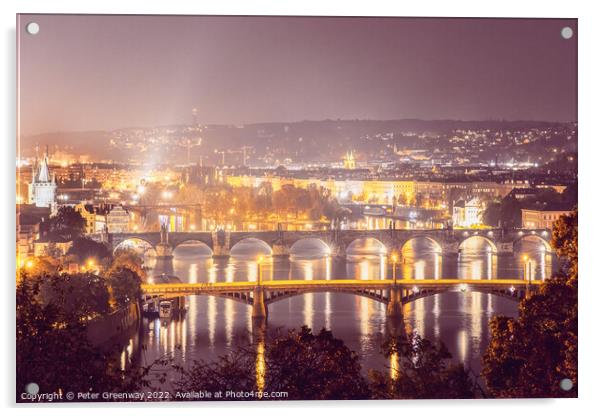 The City Lights Of Prague & The River Vltava From Letna Park Hil Acrylic by Peter Greenway