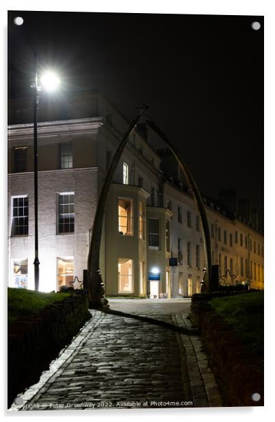 Whale Bone Arch At Whitby Harbour Illuminated At Night Acrylic by Peter Greenway