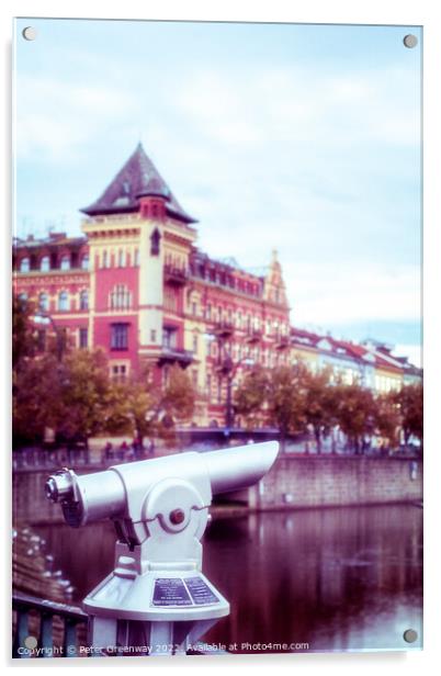 Public Pay Telescope Over The River Vltava In Prague, Czech Repu Acrylic by Peter Greenway