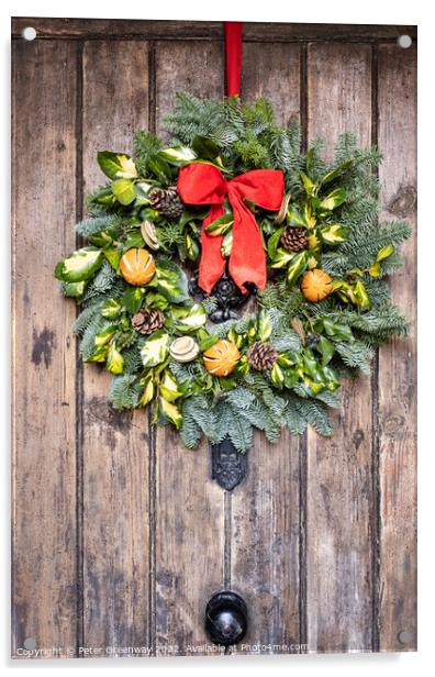 Traditional English Christmas Wreath On A Wooden Farmhouse Door Acrylic by Peter Greenway