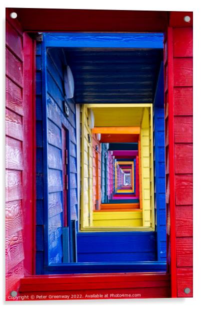 View Through The Porches Of Colourful Wooden Beach Huts At Saltb Acrylic by Peter Greenway