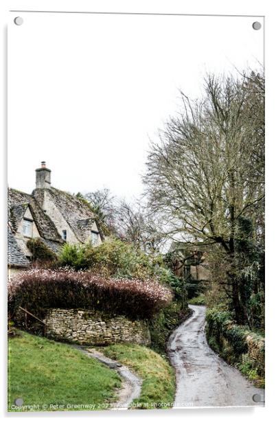 Winding Lane Past Quintessential English Cotswold Cottages In Bi Acrylic by Peter Greenway