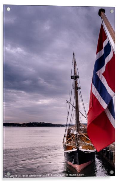 Schooner Fishing Sail Boat & The Norwegian Flag In Oslo Harbour Acrylic by Peter Greenway