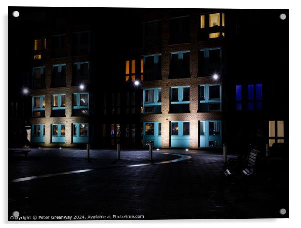 Seating Outside Illuminated Apartments At The Historic Docks At  Acrylic by Peter Greenway