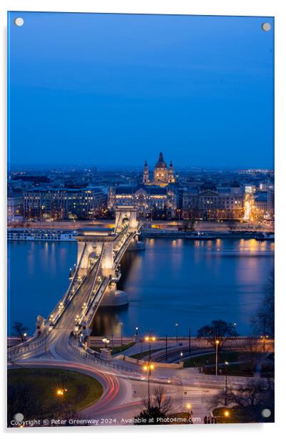 Traffic Light Trails Over The Szechenyl ( 'Chain' ) Bridge In Budapest Acrylic by Peter Greenway