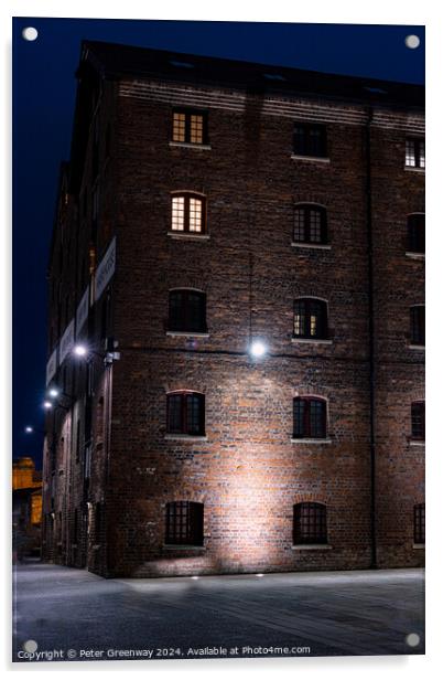 Illuminated Victorian Red Brick Warehouse At The Historic Docks  Acrylic by Peter Greenway