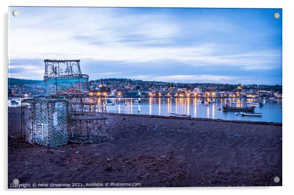 Fishermen Lobster Nets Drying At Sunset On Shaldon Acrylic by Peter Greenway