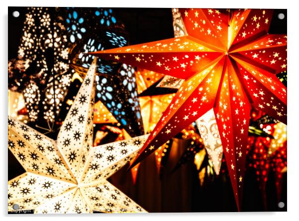 Colourful Illuminated Christmas Star Decorations Acrylic by Peter Greenway