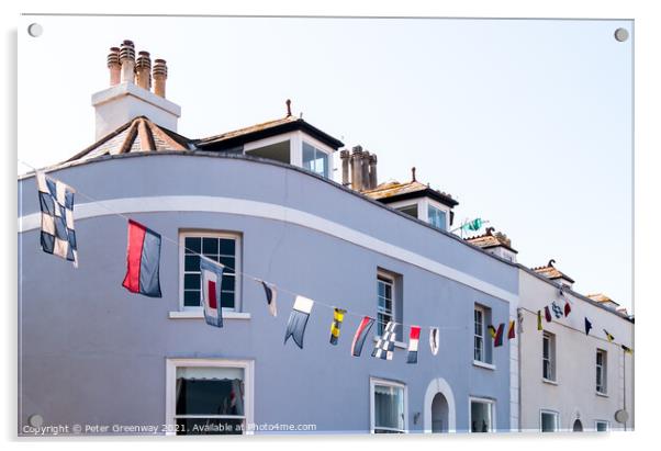 Regatta Bunting Flying Outside Cottages In Shaldon Acrylic by Peter Greenway