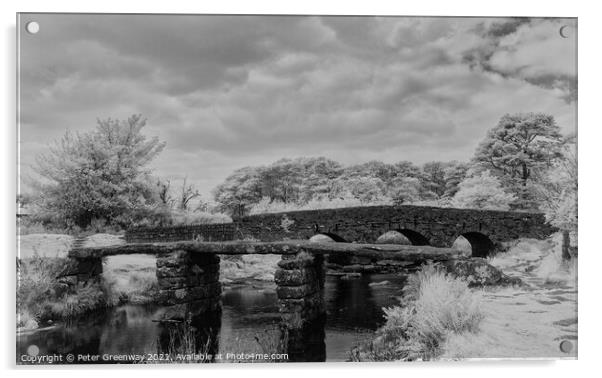 The Clapper Bridge At Packbridge On Dartmoor In In Acrylic by Peter Greenway