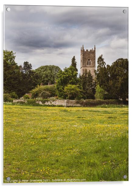 The Tower Of Straton Audley Parish Church, Oxfordshire From Across The Meadow Acrylic by Peter Greenway