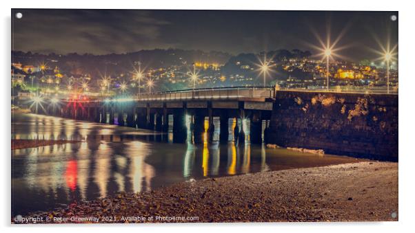 Night Time On Shaldon Bridge In Devon Acrylic by Peter Greenway