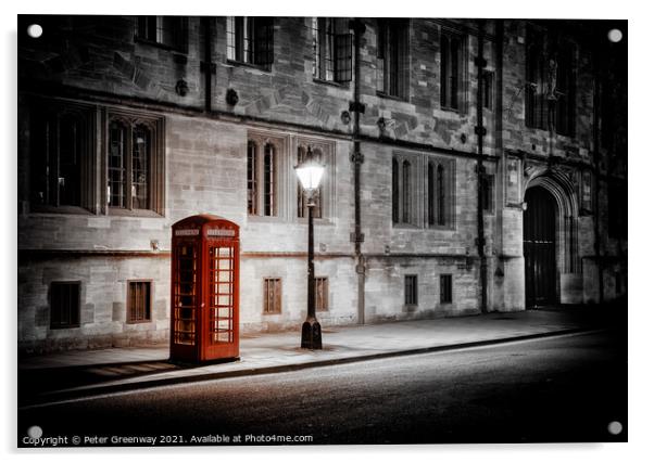 Illuminated Red Telephone Box In St Giles, Oxford Acrylic by Peter Greenway