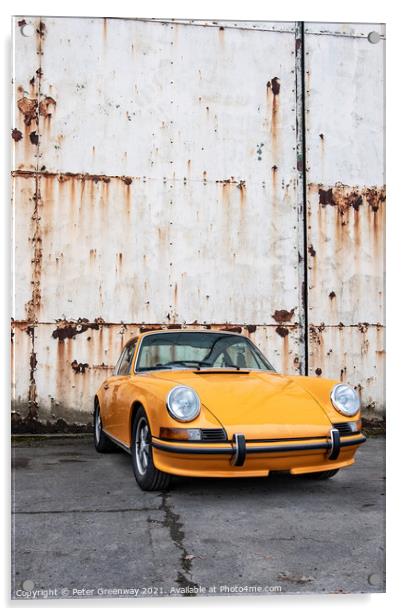 Classic Orange Porsche 911 Outside Rusted Hanger Doors Acrylic by Peter Greenway