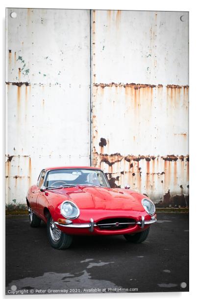 Red Classic Sports Car Rusty Hangar Doors Acrylic by Peter Greenway