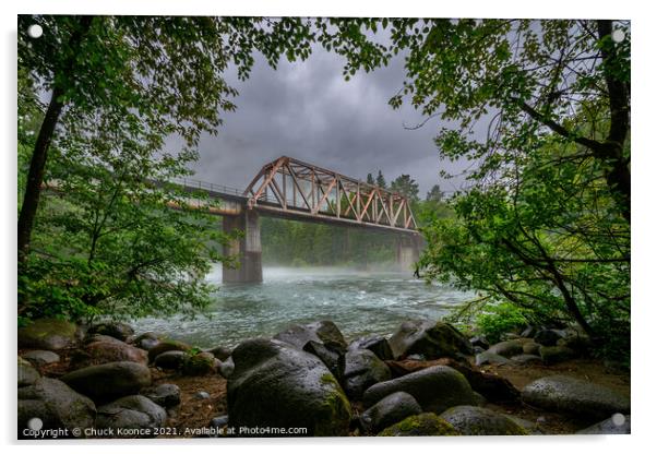 Rail road bridge over the Skykomish River Railroad in Western Washington state. Acrylic by Chuck Koonce