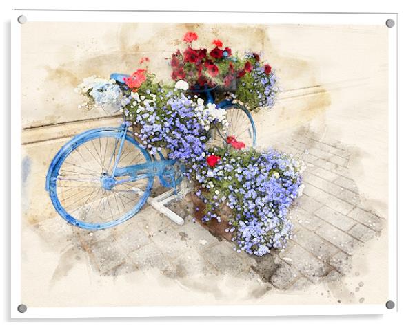Exeter Bicycle flowers, watercolour Acrylic by Graham Lathbury