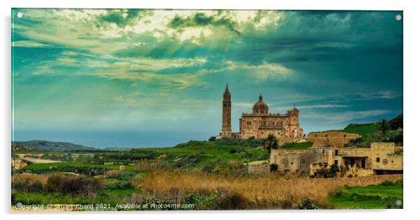 Church in scenic landscape on the island of Gozo,  Acrylic by Stuart Chard