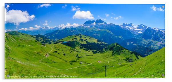 Panoramic landscape of mountains of Alps in summer with gondola lift in Portes du Soleil, Switzerland, Europe Acrylic by Chun Ju Wu