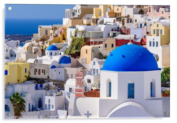 Blue domed church and traditional white houses facing Aegean Sea in Oia, Santorini, Greece Acrylic by Chun Ju Wu