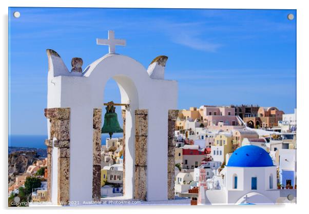 Blue domed church and bell tower facing Aegean Sea in Oia, Santorini, Greece Acrylic by Chun Ju Wu