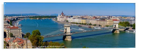 Panorama of Hungarian Parliament Building, Széchenyi Chain Bridge, and River Danube in Budapest, Hungary Acrylic by Chun Ju Wu