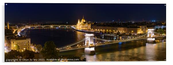 Night panorama of Hungarian Parliament Building, Széchenyi Chain Bridge, and River Danube in Budapest, Hungary Acrylic by Chun Ju Wu