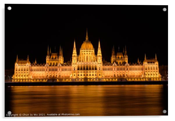 Night view of Hungarian Parliament Building on the banks of the Danube, Budapest, Hungary Acrylic by Chun Ju Wu