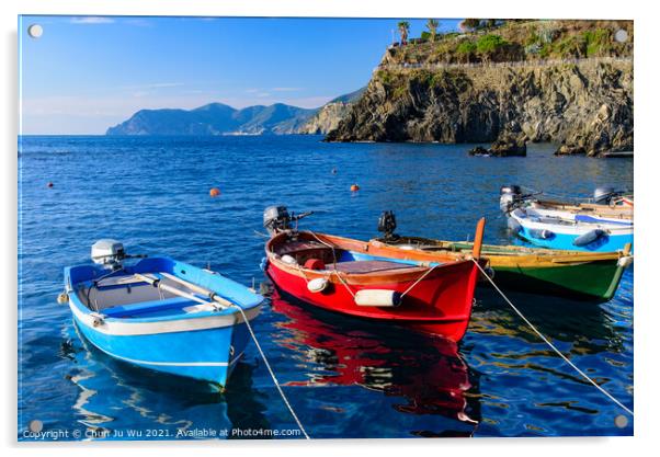 Fishing boats at Manarola, one of the five Mediterranean villages in Cinque Terre, Italy, famous for its colorful houses and harbor Acrylic by Chun Ju Wu