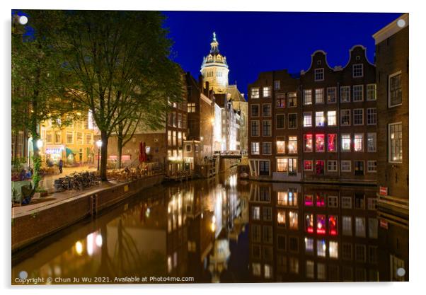 Night view of buildings and boats along the canal in Amsterdam, Netherlands Acrylic by Chun Ju Wu