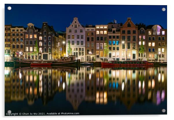 Reflection of the buildings along the canal at night in Amsterdam, Netherlands Acrylic by Chun Ju Wu