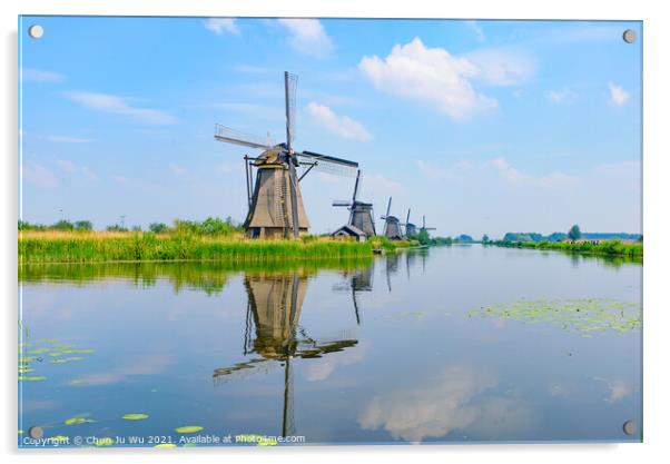 The windmills and the reflection on water in Kinderdijk, a UNESCO World Heritage site in Rotterdam, Netherlands Acrylic by Chun Ju Wu