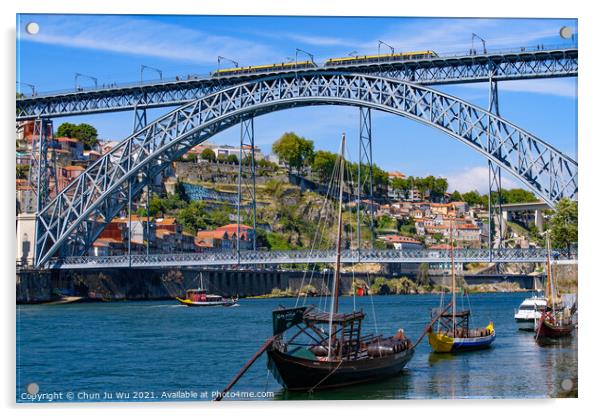 Dom Luis I Bridge, a double-deck bridge across the River Douro in Porto, Portugal Acrylic by Chun Ju Wu