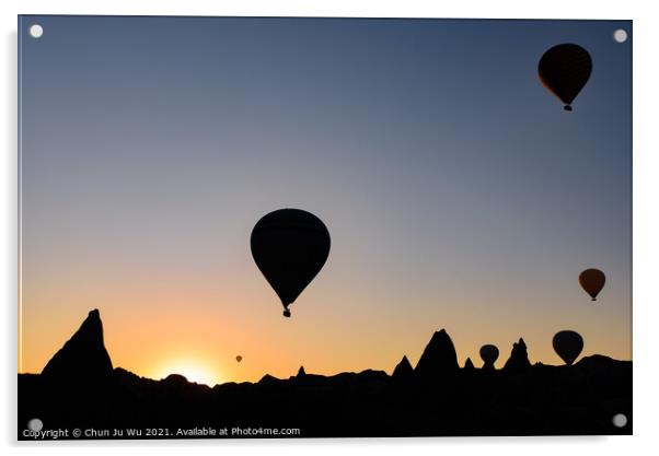 Silhouette of flying hot air balloons and rock landscape at sunrise time in Goreme, Cappadocia, Turkey Acrylic by Chun Ju Wu