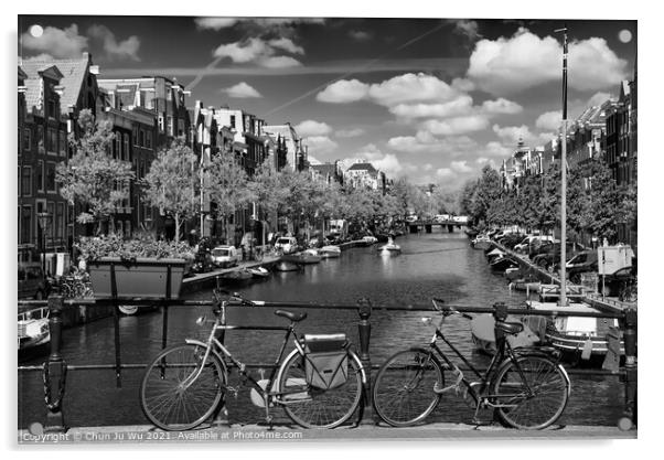 Bikes on the bridge that crosses the canal in Amsterdam (black & white) Acrylic by Chun Ju Wu