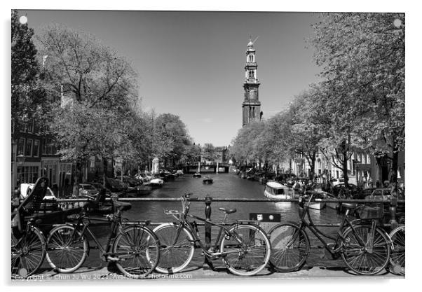 Bikes on the bridge that crosses the canal in Amsterdam, Netherlands (black & white) Acrylic by Chun Ju Wu
