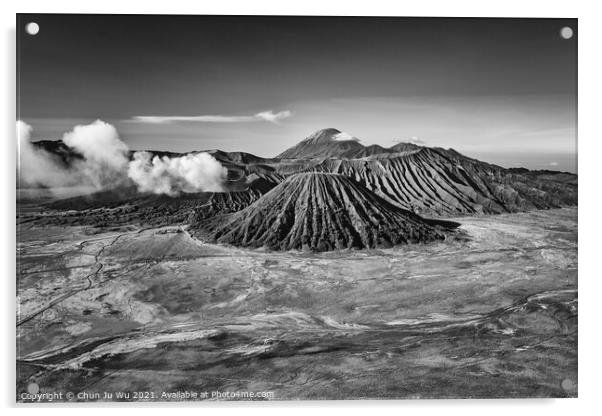 Mount Bromo in Java, the most famous volcano in Indonesia (black and white) Acrylic by Chun Ju Wu