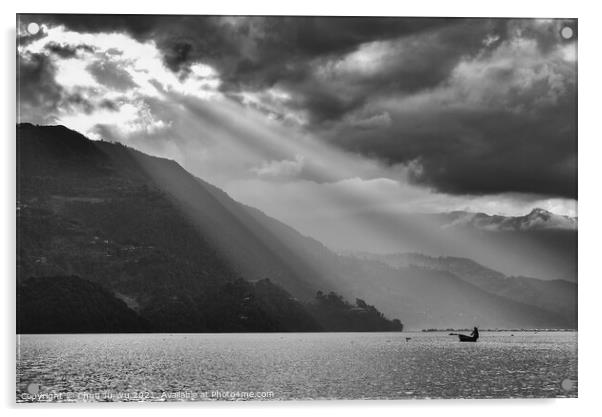 Heaven light at Fewa Lake, Pokhara, Nepal (black and white) Acrylic by Chun Ju Wu