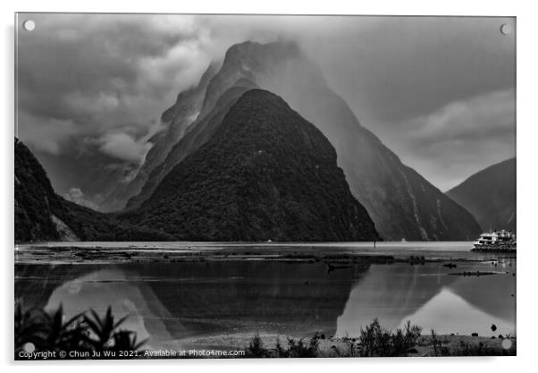 Milford Sound in a cloudy day (black and white) Acrylic by Chun Ju Wu