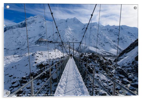 Walk on suspension bridge, Hooker Valley Track in winter, Mt Cook National Park, New Zealand Acrylic by Chun Ju Wu