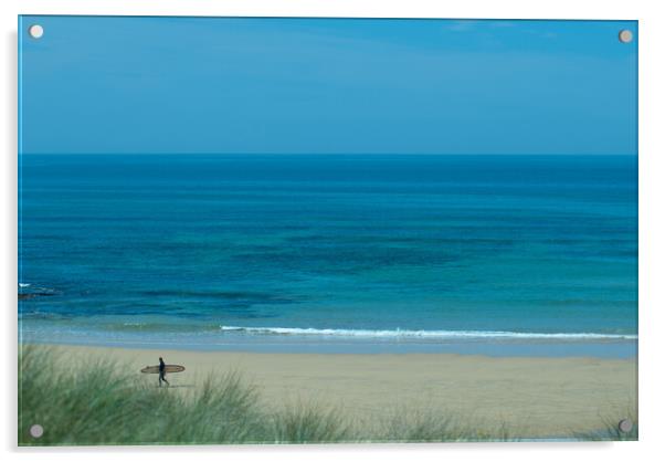 A lone surfer leaving the beach at Constantine Bay, Cornwall Acrylic by Frank Farrell