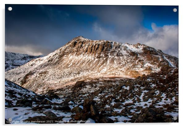 Bowfell in winter colours. Acrylic by John Henderson