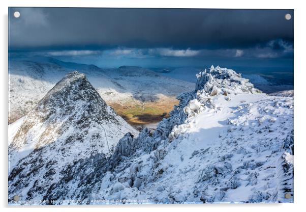 Tryfan from the top of Glyder Fach. Acrylic by John Henderson